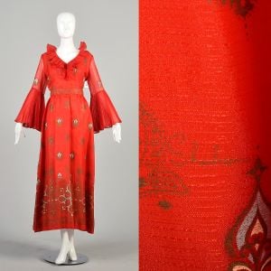 1970s Medium Sheer Red Ruffle Trumpet Bell Sleeve Maxi Dress Alfred Shaheen