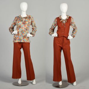 Small 1970s 3 Piece Suit Sienna Red Wide Leg Pants Fitted Vest Watercolor Frill Collar Blouse 