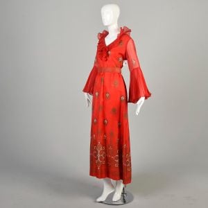 1970s Medium Sheer Red Ruffle Trumpet Bell Sleeve Maxi Dress Alfred Shaheen - Fashionconservatory.com