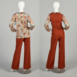 Small 1970s 3 Piece Suit Sienna Red Wide Leg Pants Fitted Vest Watercolor Frill Collar Blouse  - Fashionconservatory.com