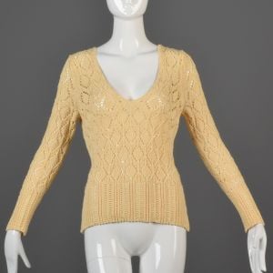 Medium Cream Sweater 1990s Open Diamond Weave V-Neck Long Sleeve Casual Pullover Jumper