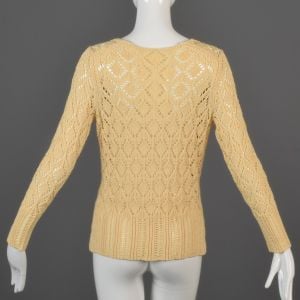 Medium Cream Sweater 1990s Open Diamond Weave V-Neck Long Sleeve Casual Pullover Jumper - Fashionconservatory.com