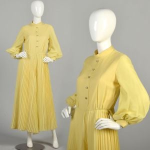 1970's Medium Butter Yellow Pleated Palazzo Pant Jumpsuit