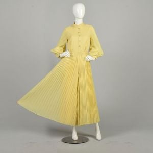 1970's Medium Butter Yellow Pleated Palazzo Pant Jumpsuit - Fashionconservatory.com