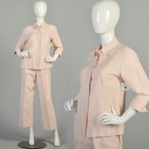 *AS IS* S-M 1990s Pink Neiman Marcus Set Silk Linen Pants Button Long Sleeve Blouse DAMAGED 