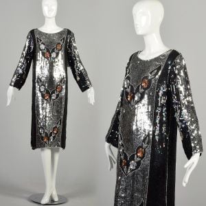 Medium 1970s Silver and Copper Floral Panel Midi Shift Party Dress New Years Eve