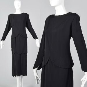 2XL 1980s Galanos Two Piece Black Dress Black Layered Dress Evening Wear Matching Set Tiered Skirt 
