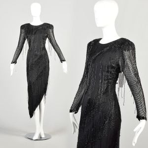 1980s Small/Medium Sheer Black Fringe Beaded Asymmetrical Party Cocktail Dress New Years Eve