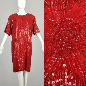 XXL 1980s Red Sequined Floral Short sleeve Shift Party Holiday Dress