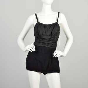 Small 1950s Black Swimsuit Gathered Bust Ruched Waist Metal Back Zip Pin Up Beach Bombshell 