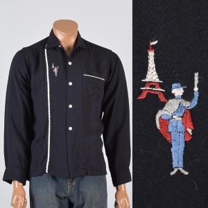 Medium 1950s Shirt Black Long Sleeve Novelty French Eiffel Tower Embroidery Button Down 