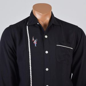 Medium 1950s Shirt Black Long Sleeve Novelty French Eiffel Tower Embroidery Button Down  - Fashionconservatory.com