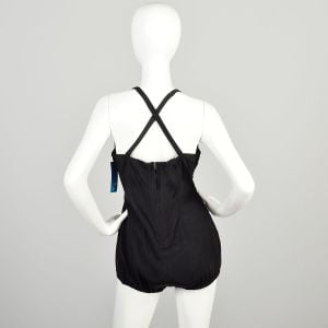 Small 1950s Black Swimsuit Gathered Bust Ruched Waist Metal Back Zip Pin Up Beach Bombshell  - Fashionconservatory.com
