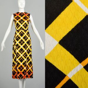 S | 1960s Bleeker Street Op Art Ombre Plaid Sleeveless Maxi Dress 