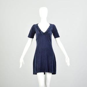 XS/S |  Juicy Couture Velour Navy Short Sleeve V Neck Mini Dress 