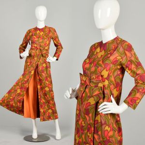 XS 1960s Orange Paisley Set Split Skirt Long Sleeve Psychedelic Maxi Dress Wide Leg Pants Outfit 