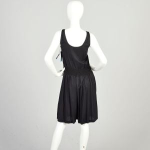 S 1970s Black Rayon Romper Sleeveless Wide Leg Smocked Waist Loose Playsuit DEADSTOCK - Fashionconservatory.com