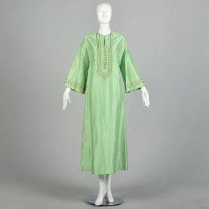 M/L | Mint Green Silk Kaftan 1970s Hippie Boho Maxi Dress by Maharani Bombay India