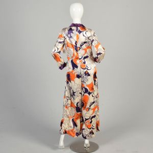 S-M 1970s Orange Purple Floral Jumpsuit *Damaged* Silky Satin Button Front Wide Leg Pants Jumpsuit - Fashionconservatory.com