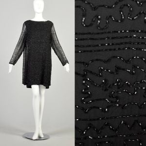 Large/XL 1990s Oleg Cassini Sheer Black Beaded Layered Mini Dress