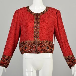 Large 1980s Red Silk Beaded Formal Jacket