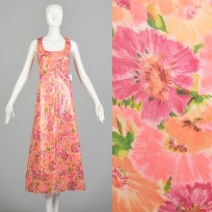 M | Unique and Unusual Fabric-Backed Vinyl Floral Pink Plastic Sleeveless 1970s Maxi Dress