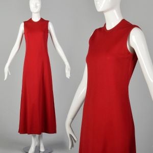 Small Red Maxi Dress 1970s Wool Knit Sleeveless Long Double Slit Layering Piece