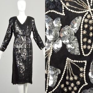 Medium 1980s Silk Beaded Midi Length Long Sleeve Floral Sequin Belted Dress