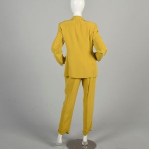 *AS IS* Medium 1990s Mustard Yellow Silk Suit Jones New York Mother of Pearl Button Blazer DAMAGED - Fashionconservatory.com
