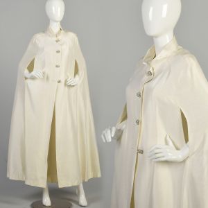 Small/Medium 1960s White Floor Length Cape with Rhinestone Buttons Bridal Formal Spring Winter Wed