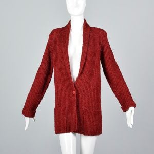 Medium Dark Red 1980s Blazer Boucle Knit One Button Small Lapel Cardigan Sweater Jacket