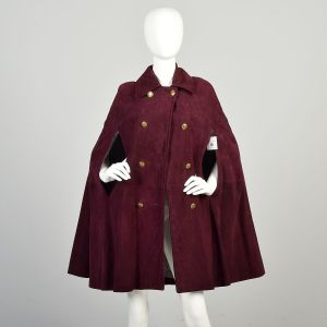1960s Small Purple Eggplant Plum Suede Cape with Gold Double Breasted Style Buttons