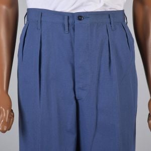 Large 35x30 Mens 1940s Pants Blue High Rise Button Fly Workwear Pleated Front Work Trousers - Fashionconservatory.com