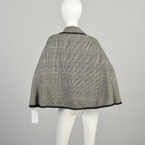 S-M 1960s Black White Houndstooth Cape Plaid Tweed Mod Round Lapel Contrast Trim Wrap Cloak  - Fashionconservatory.com