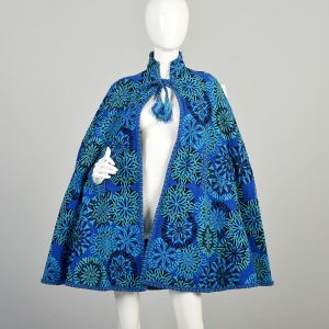 OSFM 1970s Reversible Blue Floral Tapestry Geometric Medallion Cape Bohemian Hippie Cloak  - Fashionconservatory.com