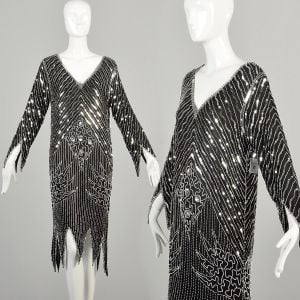 Medium 1970s Black Silk Midi Dress w/ Jagged Hem Silver Sequins Art Deco Unique
