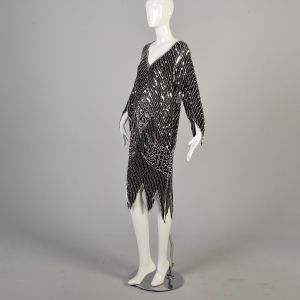 Medium 1970s Black Silk Midi Dress w/ Jagged Hem Silver Sequins Art Deco Unique - Fashionconservatory.com