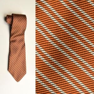 1960s Necktie Silk Orange Silver Gray Thin Diagonal Stripe Tie