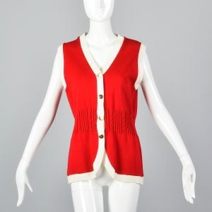 Small 1960s Vest Red Knit with Gold Buttons White Trim Gathered Cable Knit Waist