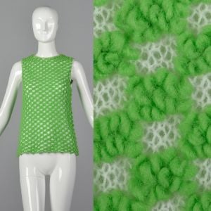 Small 1960s Green Sweater Tank Top Textured Semi-Sheer Sleeveless Loop Knit