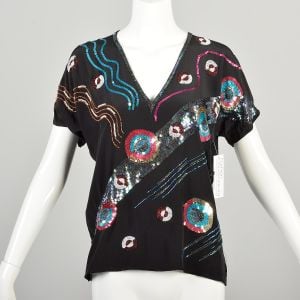 Small 1980s Black Silk Top with Jewel Tone Abstract Beading 