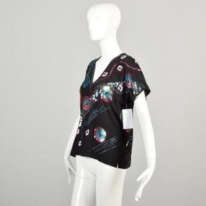 Small 1980s Black Silk Top with Jewel Tone Abstract Beading  - Fashionconservatory.com