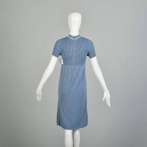 Small 1970s Dress Goldworm Blue Knit Casual Pussy Bow Short Sleeve - Fashionconservatory.com