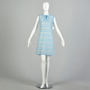 S | Sleeveless Knit 1960s Baby Blue Day Dress Shift with Metallic Lurex Stripes and Pussy Bow