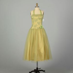 Small 1980s Dress Green Lace Tulle Prom Gown