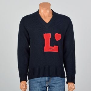 1970s Medium Heart Patch Novelty Navy Knit Pullover Sweater