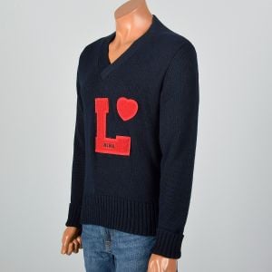 1970s Medium Heart Patch Novelty Navy Knit Pullover Sweater - Fashionconservatory.com