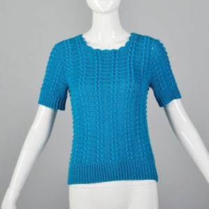 XS 1960s Sweater Bright Blue Rib Knit Hem Puff Stitch Short Sleeve