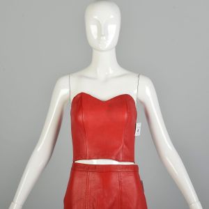 XXS | Red Leather 1980s Strapless Bodice and Skirt Set Party Disco