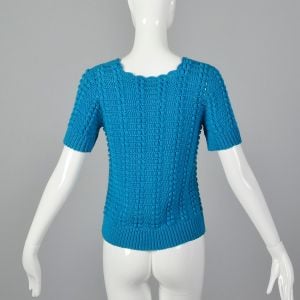 XS 1960s Sweater Bright Blue Rib Knit Hem Puff Stitch Short Sleeve - Fashionconservatory.com